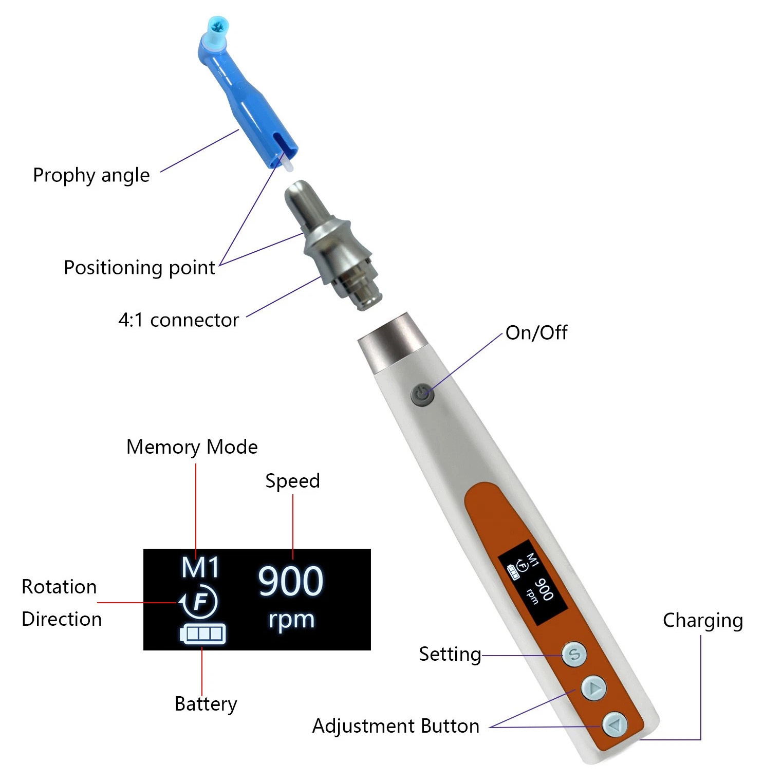PULIHUA PLH-230 Dental Cordless Hygiene Prophy polishing Handpiece + 2 Prophy Angles